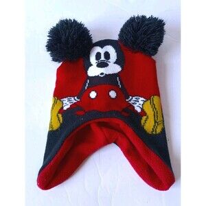 Mickey Mouse Beanie Toddler Fleece Lined Red Pom Pom 9 Inches